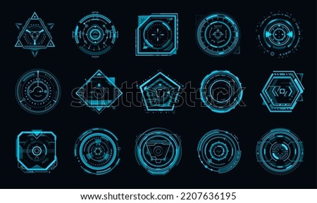 HUD aim control target panel and compass frame. Future military plane or Sci Fi spaceship pilot dashboard display, crosshair target aim or altimeter, VR game UI vector panel or blue neon display