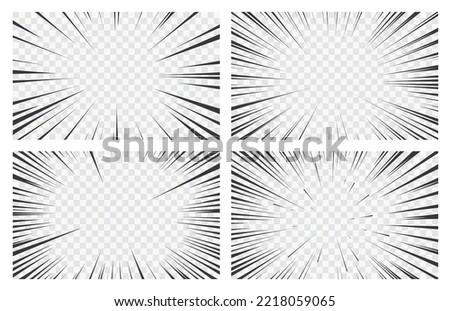 Manga transparent backgrounds, vector set of anime comic speed action effects with radial line frames. Comics book cartoon explosion flash, superhero motion, zoom or boom burst effects with light rays