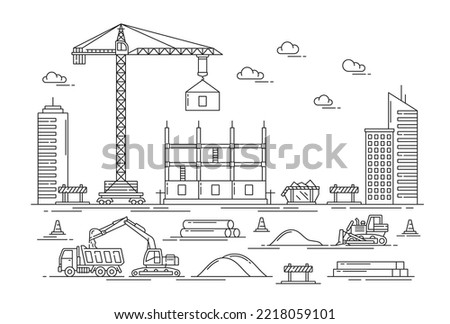 Outline building construction site of house with build equipment, vector architecture industry. Hand drawn construction site with working crane, excavator, truck and bulldozer machinery, panels, tubes