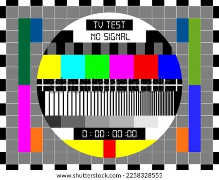 TV signal test screen of retro television broadcast technologies. Vector test card pattern with calibrated color bars, grey scale and grid in black and white frame. Old TV testcard screen background