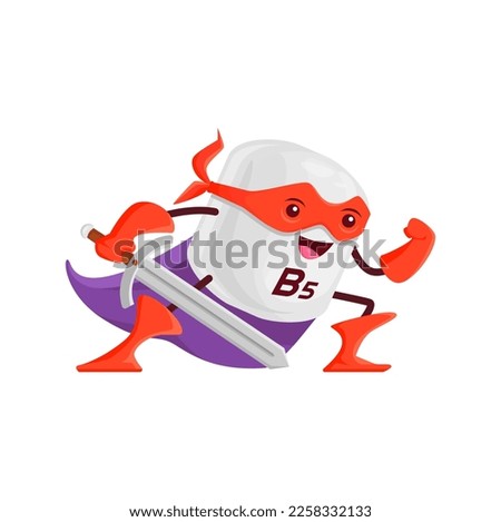Cartoon vitamin B5 superhero character. Vector Pantothenic acid micronutrient defender with sword. Knight bubble comics book personage wear cape and mask. Pill or capsule supplement fantasy super hero