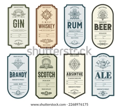 Vintage alcohol labels, brandy, whiskey and rum, absinthe and gin, beer, scotch and ale. Old craft drink bottle vector badges or labels with thin line beer tankard, oak barrel, grapevine and barley