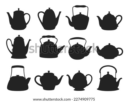 Ceramic teapot and kettle silhouettes. Vector kitchen crockery, black coffee or tea pots for hot drinks or beverages. Isolated set of retro tableware, handmade pottery or vintage household utensils