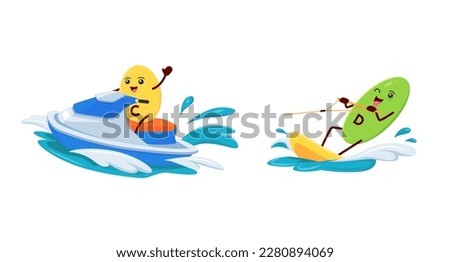 Cartoon C and D vitamin character riding water scooters. Micronutrient dragee, food supplement capsule or healthy nutrition mineral tablet happy vector personages. Vitamin pill funny mascot on PWC