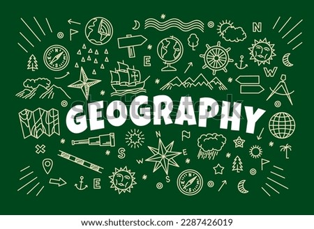 Geography background with signs and symbols of map on school blackboard. Vector sketch chalk compass, world map and Earth globe, clouds, sun and mountains, North star, wind rose and cartography signs
