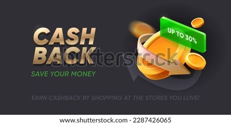 Cashback banner with coins and arrows indicating savings or rewards. Vector promotional background for financial offers, loyalty or shopping programs, cash back services and apps for saving money