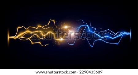 Lightning vs thunderbolt. Electric blue and orange energy battle, confrontation or fight abstract vector concept. Collision of two forces, hot and cold sparkling power with electric glowing discharge