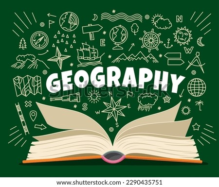Geography textbook, symbols and icons on school board. Vector sketch chalk compass, Earth globe and world map signs, open book, wind rose and North star, clouds and arrows on blackboard background