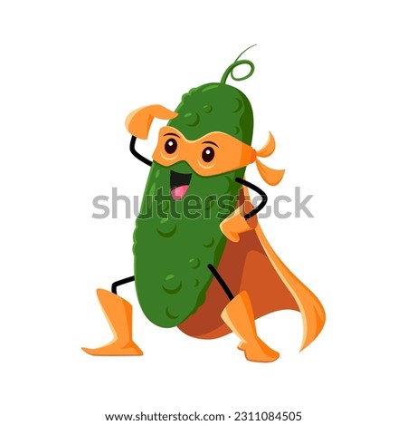 Cartoon cucumber super hero vegetable character. Isolated vector funny green veggies looking far ready for feat. Cheerful fairytale healthy food, vitamin superhero kids menu personage in cape and mask