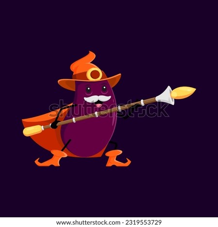 Cartoon eggplant Halloween vegetable wizard, witch and mage character. Vector magician veggies with white mustaches wear cape and staff in hand. Funny magic parsonage, wiz or sorcerer ready for battle