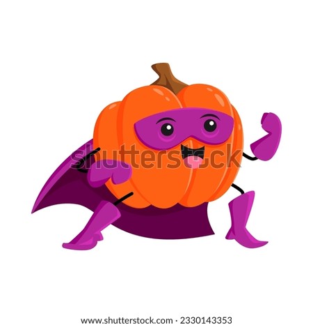 Cartoon pumpkin superhero vegetable character. Isolated vector ripe fresh gourd super hero personage in cape and mask prepare to fight. Funny fairytale comics squash healthy food, vitamin garden plant