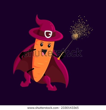 Cartoon carrot Halloween vegetable wizard, witch and mage character with a wand using magic. Vector whimsical magician veggies personage for children book, game, menu or promotion of healthy eating