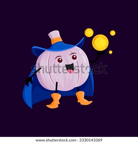 Cartoon garlic Halloween vegetable wizard, witch and mage character. Vector spicy veggies magician with mystic sphere conjuring spells and performing tricks promoting wonder and fantasy-themed content