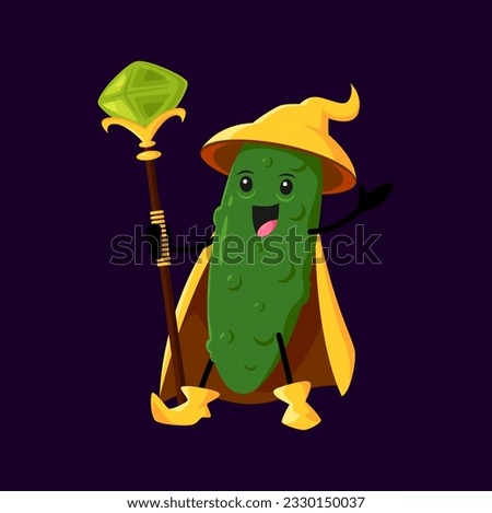 Cartoon cucumber Halloween vegetable wizard, witch and mage character. Vector ripe veggies magician personage with staff, wearing hat and cape promoting children entertainment related to magic or food