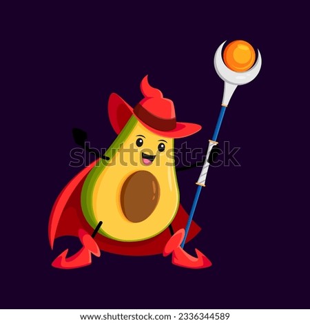 Cartoon avocado Halloween vegetable wizard, witch and mage character with magic staff. Vector quirky whimsical tropical veggies magician personage performing magical trick, promoting healthy food