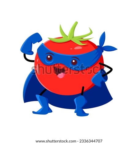 Cartoon tomato vegetable super hero character. Isolated vector fresh juicy veggies with super power. Funny vitamin plant superhero personage in cloak and mask with strong arms. Fairytale healthy food