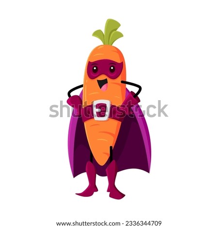 Cartoon carrot super hero vegetable character. Isolated vector funny plant source of carotene vitamin in cloak and mask with arms akimbo. Fairytale healthy food, superhero comics book personage