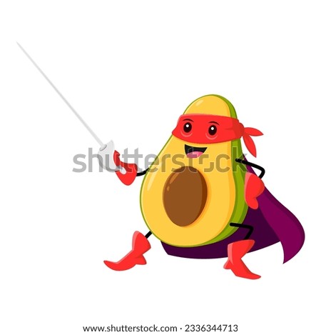 Cartoon avocado super hero vegetable character fencing with rapier. Isolated vector superhero comics book veggies personage in cape and mask ready for fighting with sword. Funny healthy vitamin food