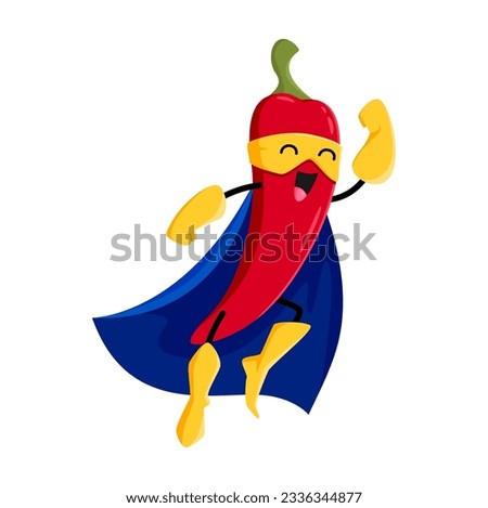 Cartoon chili pepper vegetable super hero character. Isolated vector funny fairytale spice chilli plant in cloak and mask flying with raised fist. Healthy food, superhero vitamin comics book personage