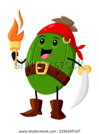 Feijoa fruit pirate and corsair character with sword and torch, hunting for treasures in tropical jungle. Brave, adventurous and determined rover juicy fruit personage fighting off dangerous enemies