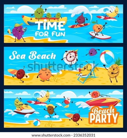 Cartoon fruits on summer beach vacation banners. Leisure on seacoast vector concept with durian, fig, peach and pineapple, banana, dragon fruit cheerful characters surfing, sunbathing on resort beach