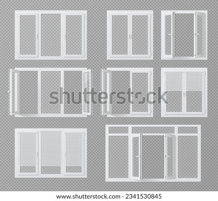 Realistic pvc windows, with plastic shutter or jalousie isolated 3d vector mockup set. Closed and open high-quality frames and energy-efficient glasses offer durability and functionality for buildings