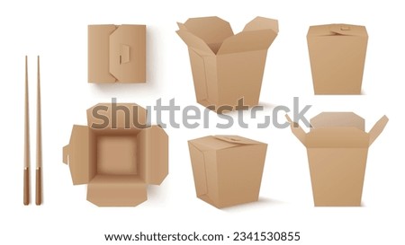 Realistic rice and wok box package or takeaway noodles container, vector mockup 3D. Chinese Asian food and wok noodles takeout box of paper cardboard with chopsticks, container packaging template