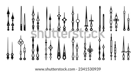 Clock hands, time black pointers, isolated watch arrows. Vector black icons of essential components of analog clocks in various shapes and sizes. Hour and minute hand pairs, monochrome elements set