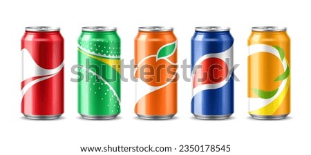 Realistic soda drink cans. Vector 3d mockups of aluminum or tin cans for soft beverage, sparkling water, fruit juice, energy drink or lemonade. Aluminium jars set with colorful labels and shadows