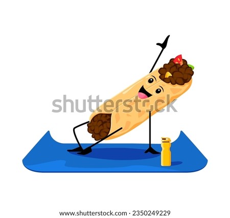 Cartoon enchilada tex mex enchilada mexican food character on yoga fitness. Isolated vector tasty and hilarious Mexico cuisine meal practices asana, showcasing flexibility, balance and mindfulness