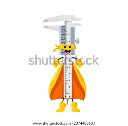 Cartoon calipers or trammel tool superhero character. Isolated vector comic hero defender, armed with precision and accuracy power to measure any challenge, ensures everything is perfectly aligned