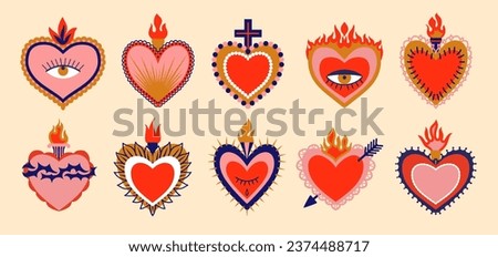 Cartoon Mexican sacred hearts. Vibrant vector set featuring intricate designs, bold colors, and cultural symbolism and thorns, eyes and crowns, celebrating the rich heritage and spirituality of Mexico
