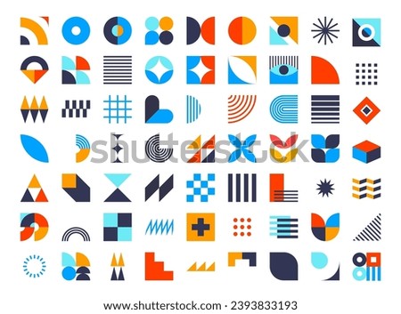 Bauhaus geometric elements, abstract shapes and modern forms vector set. Circle, square and triangle figures of basic geometry, color lines, crosses, stars, eyes, arches and zigzag bauhaus elements