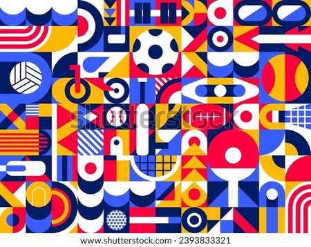 Summer sports Bauhaus modern geometric pattern. Vector tile with vibrant shapes and bold colors infuse energy to athletic design with sports equipment. Fusing art with movement for dynamic experience