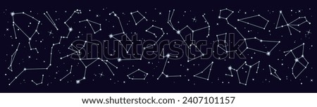 Star constellation border or backdrop. Night sky map pattern. Astronomy planetarium galaxy star constellation panorama or esoteric astrology zodiac celestial background, vector wallpaper or print