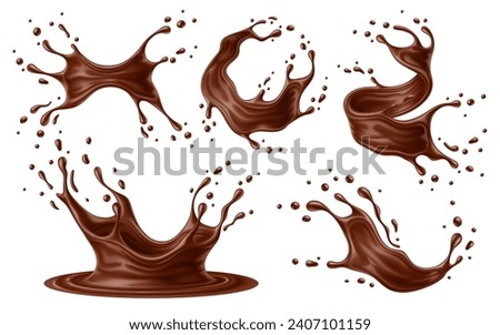 Realistic chocolate milk splash waves with drops, choco drink crowns and swirls, vector splatters. Cocoa drink or choco syrup flow and spill drops with milky chocolate wave and splashing droplets