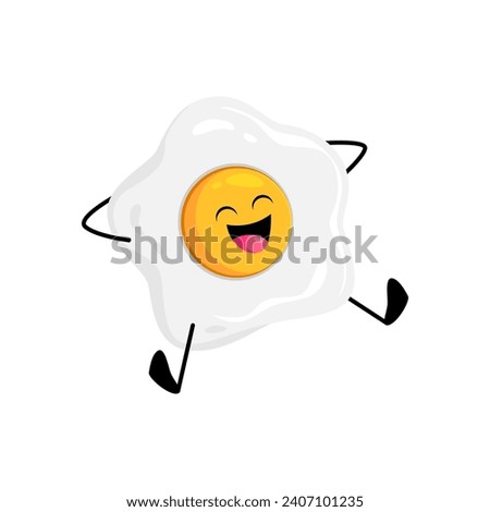 Cartoon cheerful fried egg breakfast character. Isolated vector scrambled egg, sunny-side-up personage with a beaming smile, relax and spreading morning joy with a side of whimsical breakfast delight