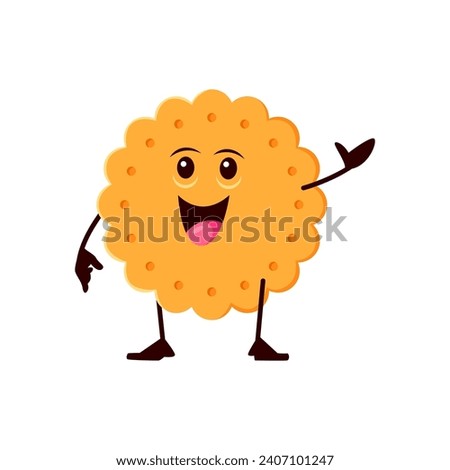 Cartoon funny cookie bakery character. Isolated vector mischievous cracker personage with a wide grin, and a sugary aura, waving hand in friendly welcoming gesture, always ready for sweet adventures