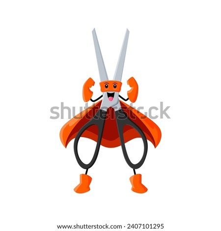 Cartoon scissors school supply superhero and defender character. Isolated vector funny caped shares personage with sharp wit and cutting-edge abilities, always ready to snip through any challenge