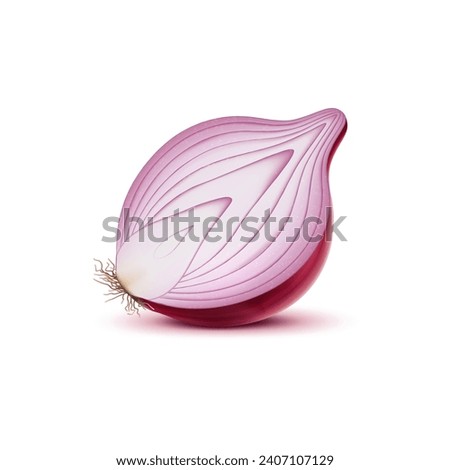 Realistic red raw onion half, isolated vegetable, pungent halved slice of purple bulb with visible layers, releases a sharp aroma. Its crisp texture promises a potent flavor, ingredient for culinary