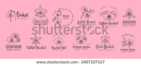 Orchid flower minimal emblem, skin care and oil cosmetics. Vector set of linear labels, sleek, minimal design, epitomizing elegance and beauty for cosmetic brands, capturing natural grace and allure