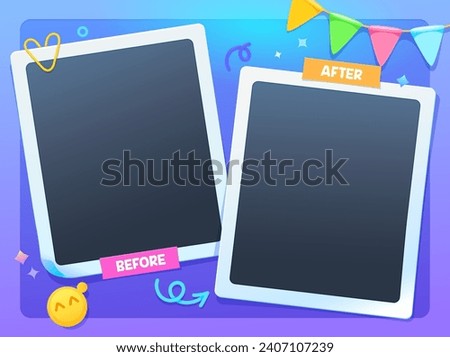 Before and after template with photo frames on paper clip, vector background. Comparison, VS change compare and transformation challenge template of before and after for social nets media