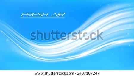 Fresh air flow or cold wind wave with snowflakes or snow motion effect, vector light blue background. Fresh cool air flow or wind stream for AC conditioner, purifier or fresh climate technology