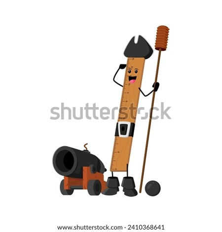 Cartoon ruler school supply pirate and corsair character. Isolated vector measuring tool personage in tricorn hat, shoot with a formidable cannon, ready for high-sea adventures and plundering treasure