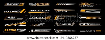 Yellow racing sport car stickers and race line decals, vector stripe arrows. Auto art decals with car wheels, start or finish checkered flag backgrounds for rally ride, drag racing and drift sport