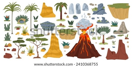 Jurassic period environment game assets, vector jungle volcano and plants, palms and rocks. Dinosaur theme cartoon game elements of volcano lava eruption, stone rocks and prehistoric green leaf plants