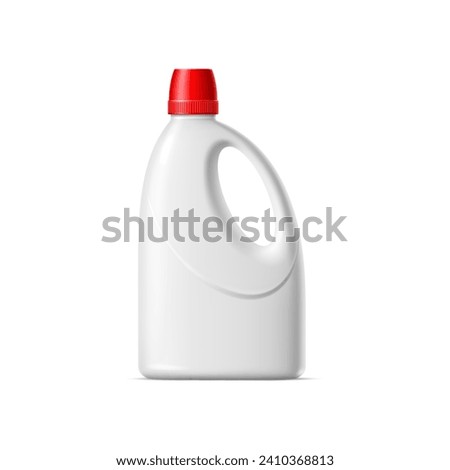 Realistic liquid laundry detergent bottle, vector plastic container package mockup. Blank white bottle or canister with red cap for laundry detergent, fabric softener, floor cleaner and bleach