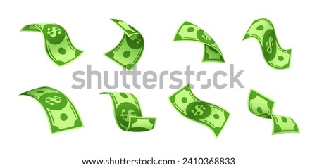 Flying cartoon cash banknotes or floating dollar money bills, vector paper currency. Falling or flying green banknotes with dollar sign for finance payment, business success or investment and banking