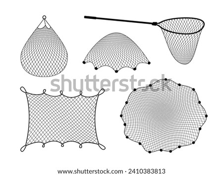 Fish net, isolated fishnet and fish scoop. Isolated 3d vector realistic mesh tool used for catching, while a skip is handheld device for safely transferring fish from one container to another or water