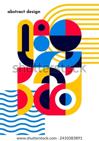 Abstract bauhaus geometric pattern poster. Modern vector background, cover template with retro minimal geometry shapes, forms, lines in vibrant color for exhibit art, magazine, journal, album designs